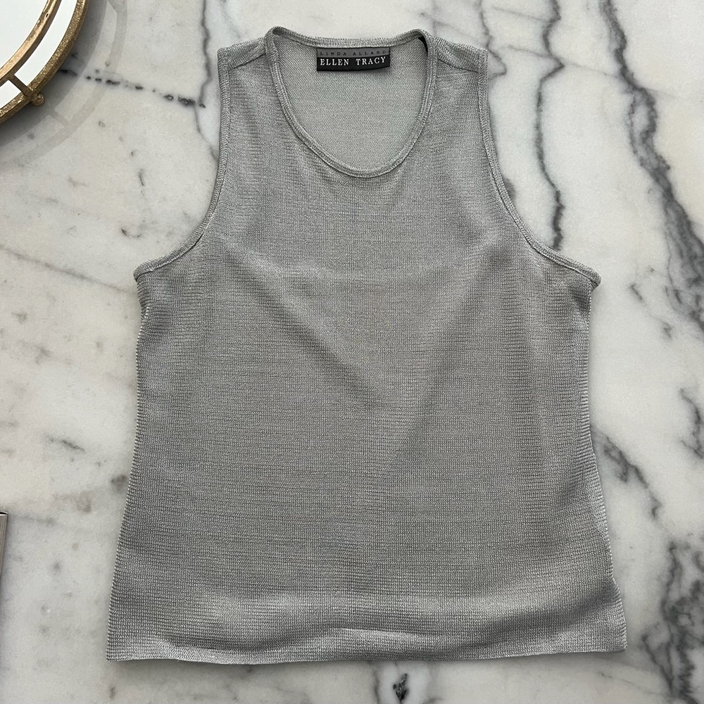 Ellen Tracy by Linda Allred silver mesh sleeves top
